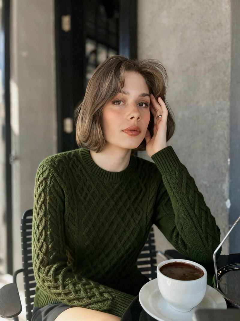 v28 Women Crew Neck Korea Knit Stretchable Elasticity Long Sleeve Sweater Jumper (M, ArmyGreen) - Image 5